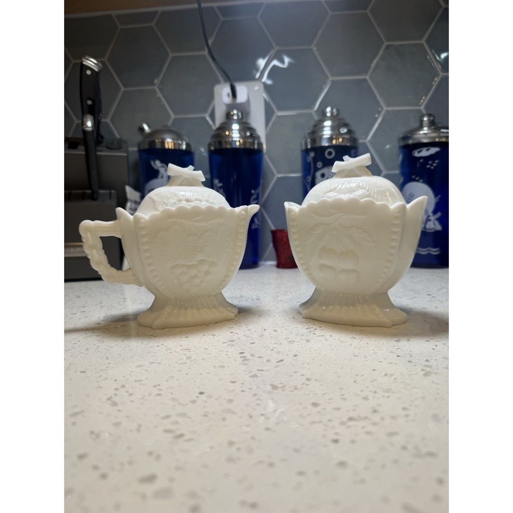 Westmoreland Cherry & Grape Covered Creamer And Sugar Mid Century Milk Glass